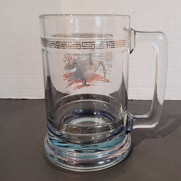 Vintage Ducks Glass Mug Beer Stein Gold Greek Key Accent Dad Father Bar Hunt 5" - Picture 2 of 10